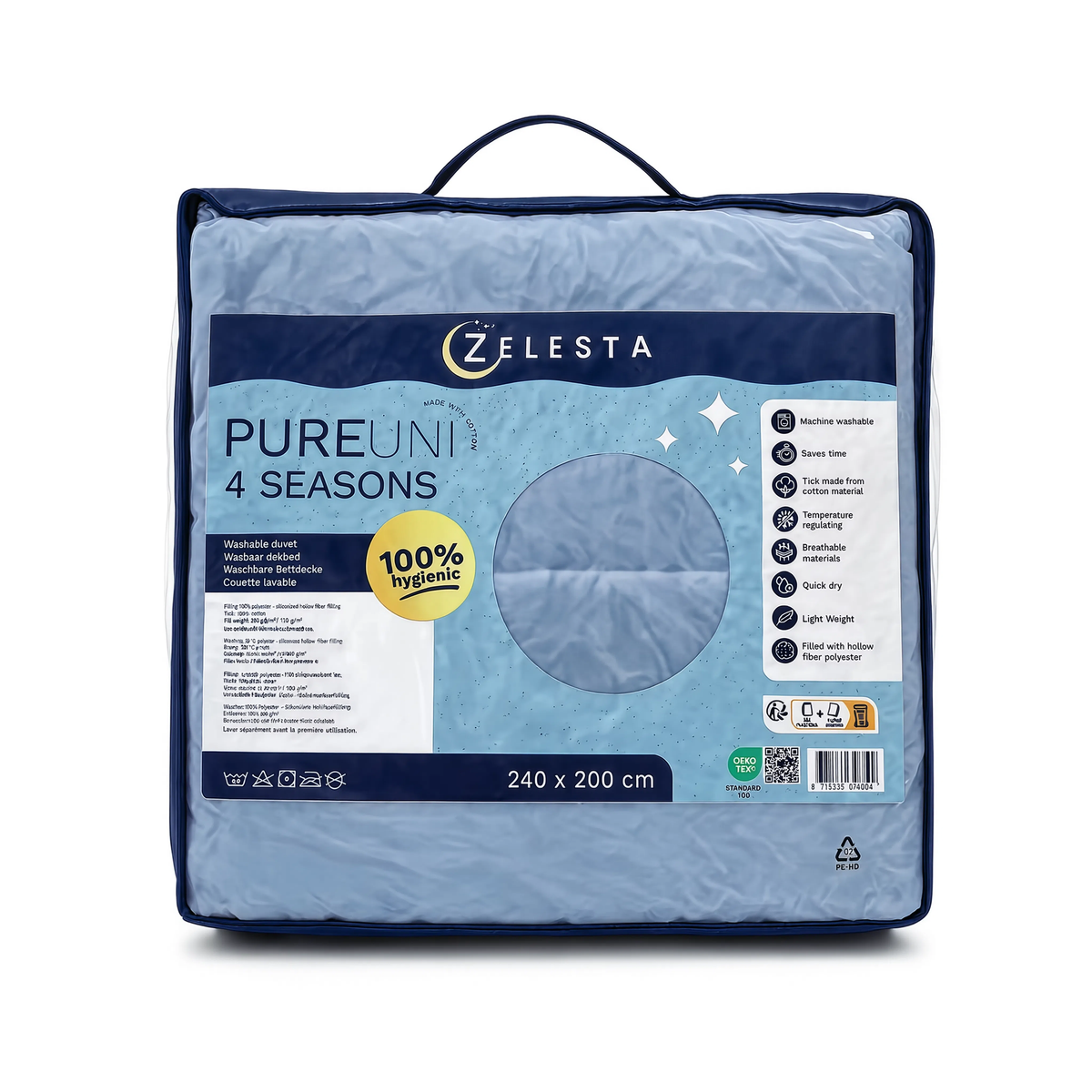 Couette Zelesta Pure Uni 4 Saisons Sans Coutures en Coton – Bleu