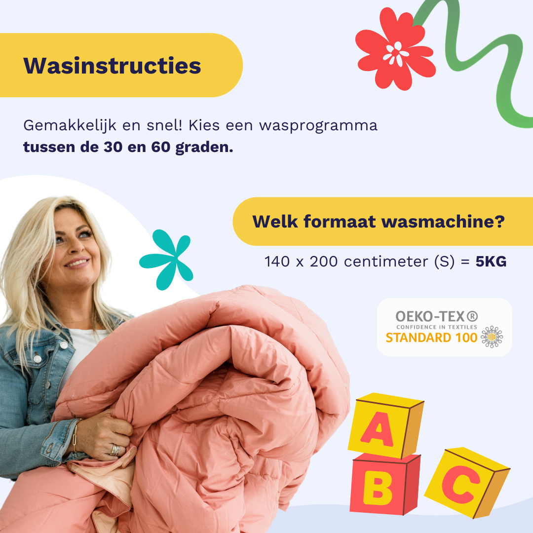 Washing instruction infographic for the Zelesta Comfort Duvet: machine washable between 30 and 60 degrees, with drum size guide per duvet size