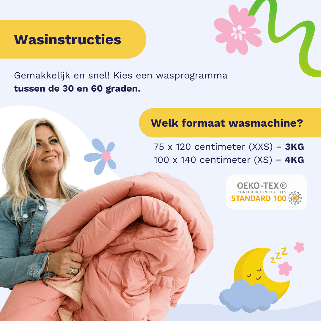 Washing instruction infographic for the Zelesta Comfort Duvet: machine washable between 30 and 60 degrees, with drum size guide per duvet size
