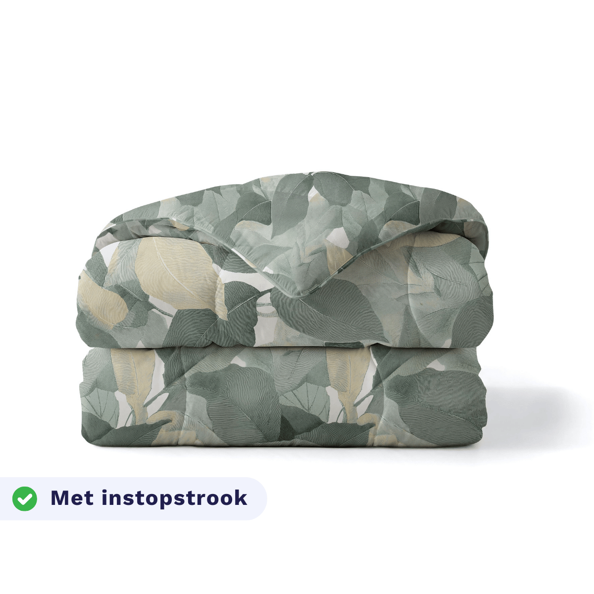 Zelesta Pure Design Cotton Duvet in Green Forest folded on a white background, with a badge highlighting the integrated tuck-in flap feature
