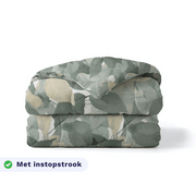 Zelesta Pure Design Cotton Duvet in Green Forest folded on a white background, with a badge highlighting the integrated tuck-in flap feature