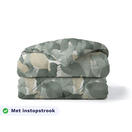 Zelesta Pure Design Cotton Duvet in Green Forest folded on a white background, with a badge highlighting the integrated tuck-in flap feature