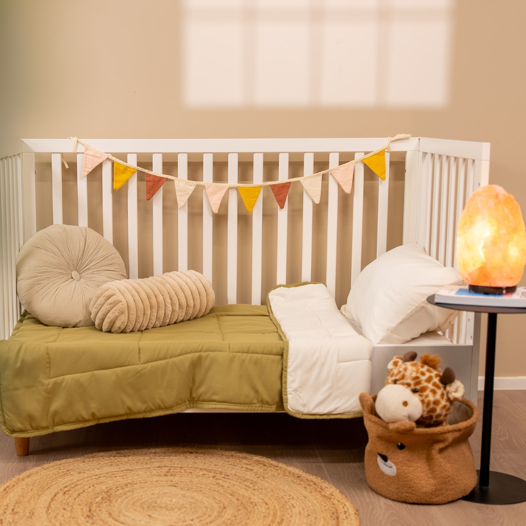 Zelesta Comfort Kids Duvet - Cream & Olive Green, neatly folded product shot showing the cream & olive green children's print