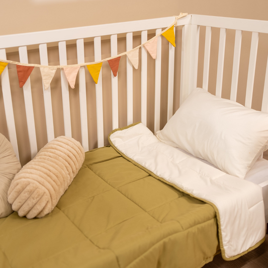 Zelesta Comfort Kids Duvet - Cream & Olive Green, neatly folded product shot showing the cream & olive green children's print