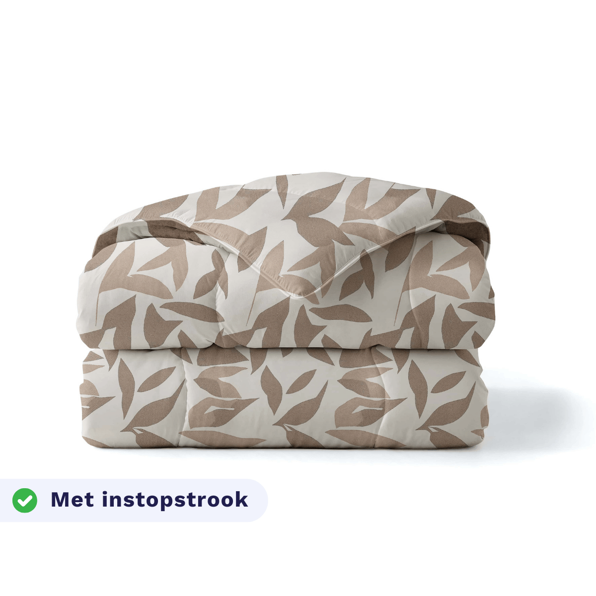 Zelesta Pure Design Cotton Duvet in Beige Autumn folded on a white background, with a badge highlighting the integrated tuck-in flap feature