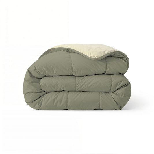 Zelesta Comfort Duo Duvet in Olive Green & Cream, neatly folded on a white background showing both colour sides
