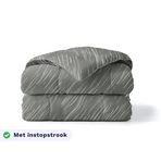 Zelesta Pure Design Cotton Duvet in Mellow Stone folded on a white background, with a badge highlighting the integrated tuck-in flap feature