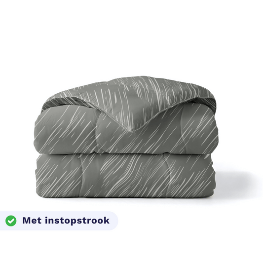 Zelesta Pure Design Cotton Duvet in Mellow Stone folded on a white background, with a badge highlighting the integrated tuck-in flap feature