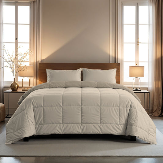 Zelesta Comfort Duo Duvet - Taupe & Champagne on a neatly made bed in a warm, elegantly lit bedroom