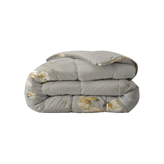 Zelesta Everyday Design Summer Duvet - White Blossom, overhead view on a neatly made bed showing the delicate white blossom floral print on a light background