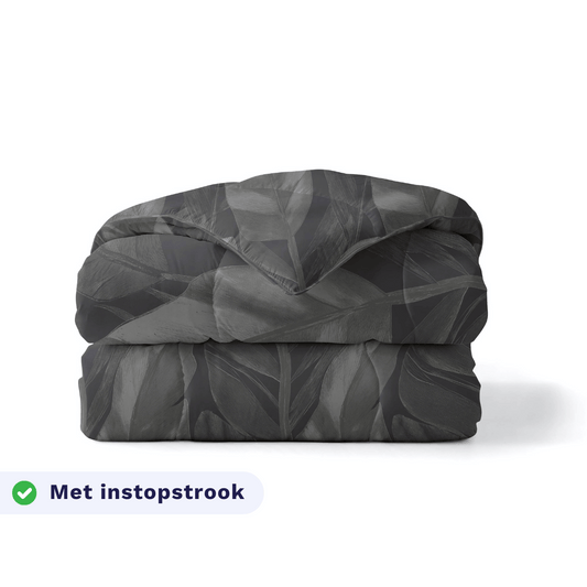 Zelesta Pure Design Cotton Duvet in Black Swan folded on a white background, with a badge highlighting the integrated tuck-in flap feature