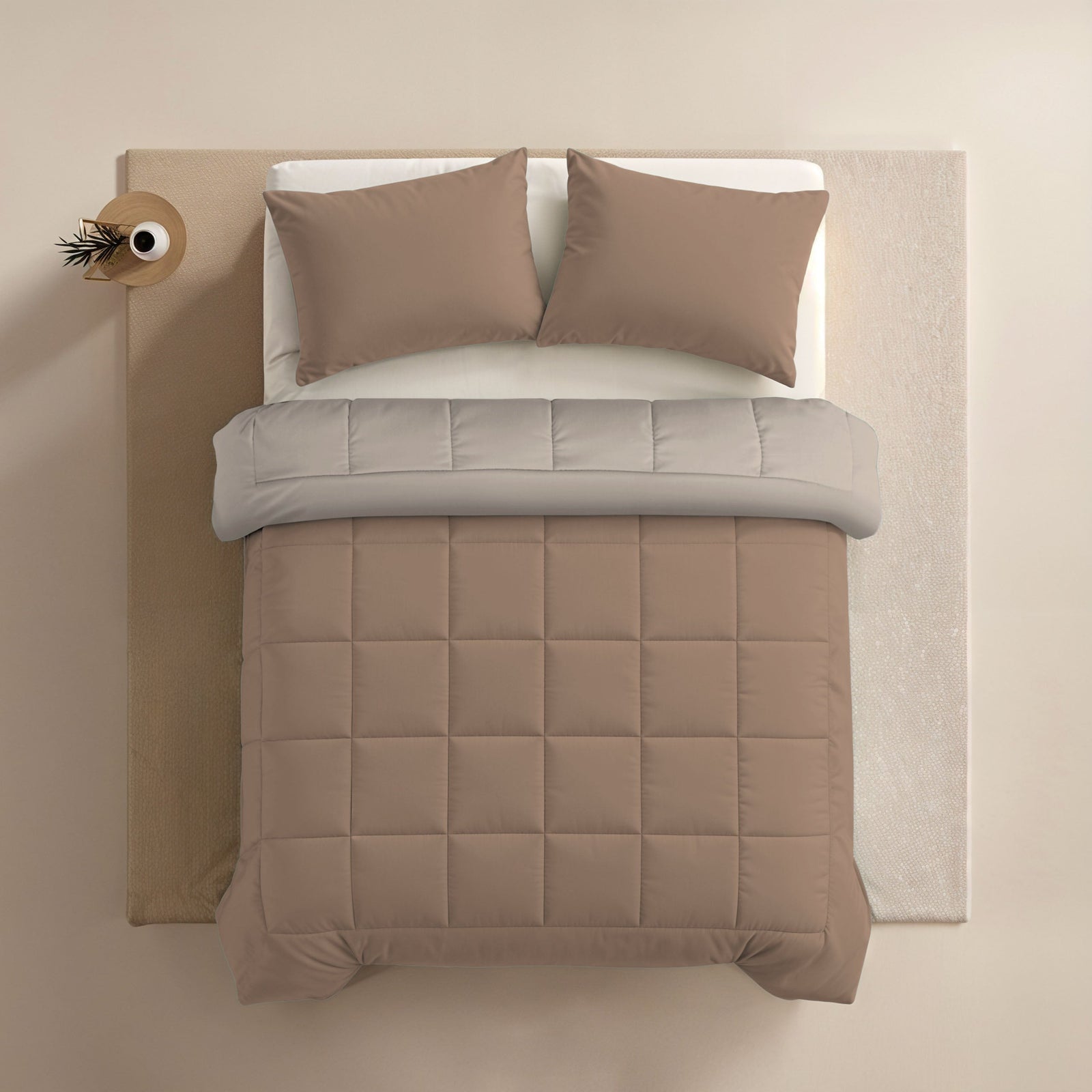 Zelesta Comfort Duo Duvet - Terra & Sand, overhead top-down view on a made bed with matching pillows