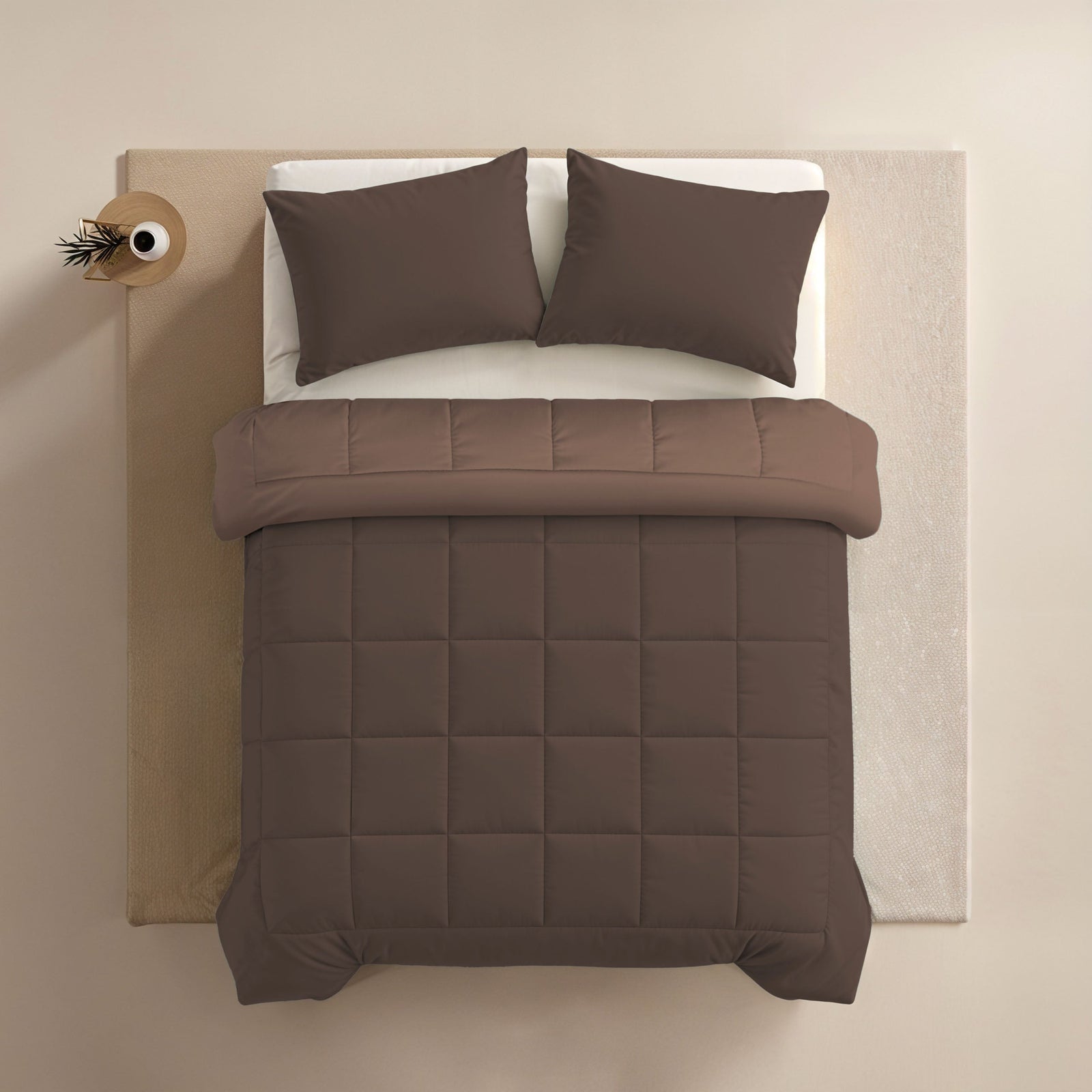 Zelesta Comfort Duo Duvet - Chocolate Brown & Mocha, overhead top-down view on a made bed with matching pillows