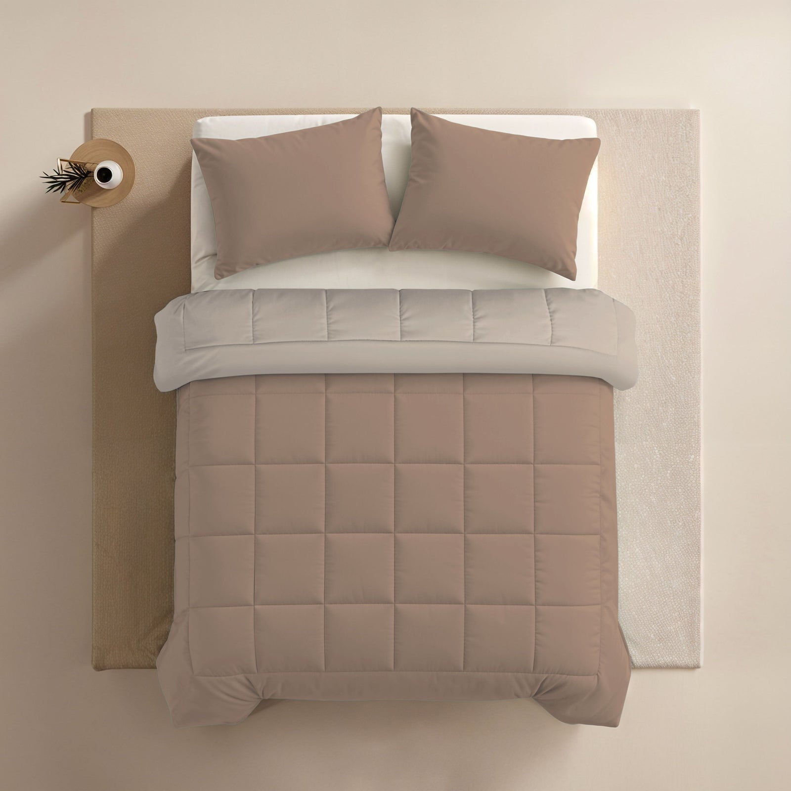 Zelesta Comfort Duo Summer Duvet - Terra & Sand, overhead top-down view on a made bed with matching pillows