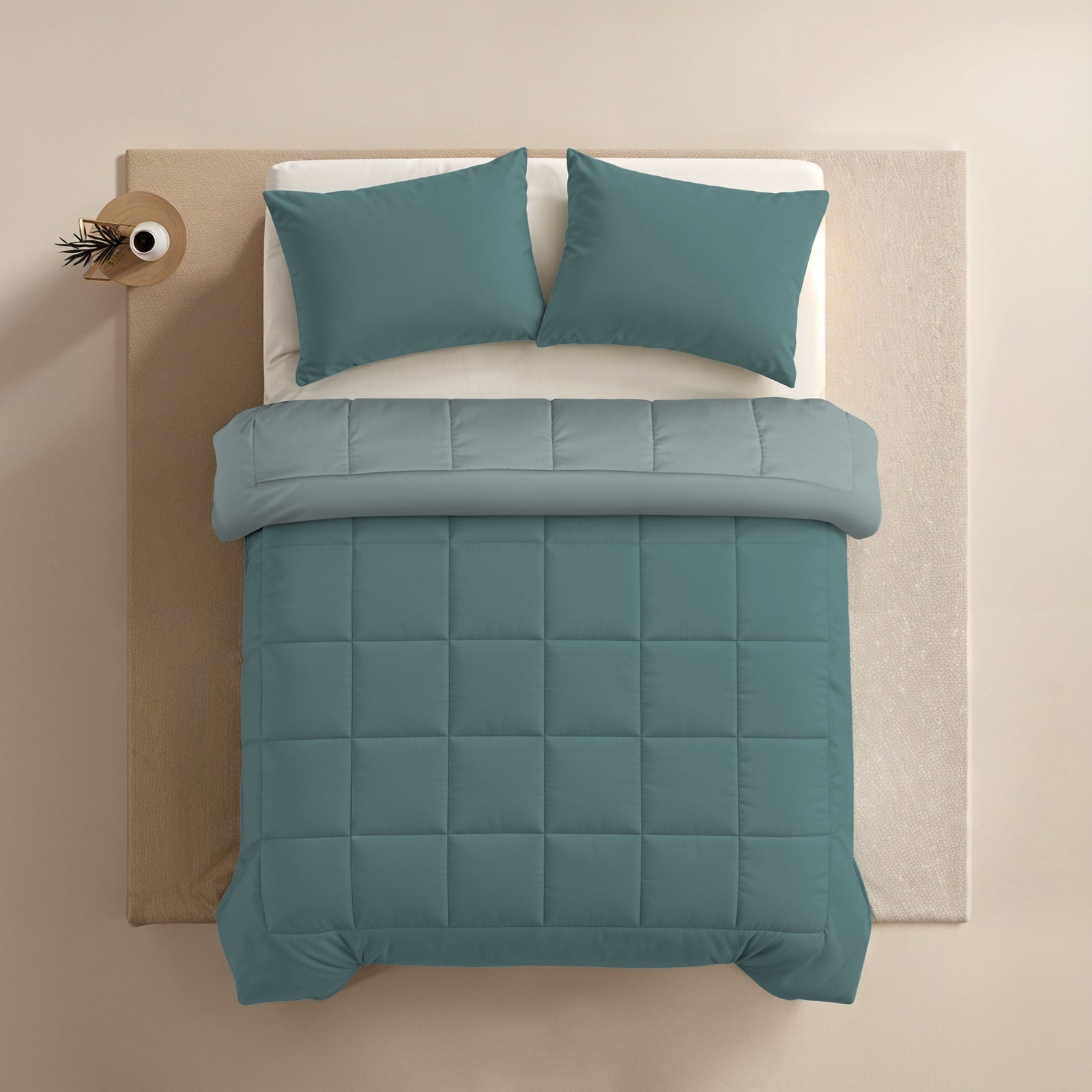 Zelesta Comfort Duo Duvet - Mineral & Light Blue, overhead top-down view on a made bed with matching pillows