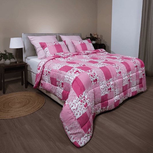 Zelesta Comfort Design Duvet - Patchwork Pink, product shot showing the patchwork-style pink and neutral pattern
