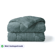 Zelesta Pure Design Cotton Duvet in Botanical Green folded on a white background, with a badge highlighting the integrated tuck-in flap feature