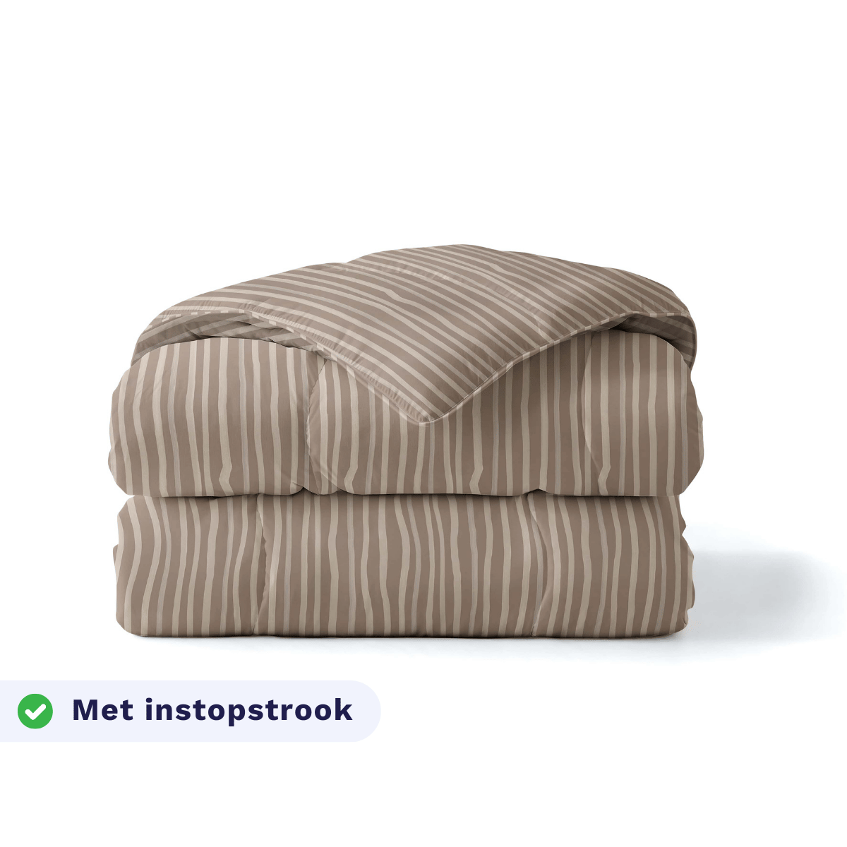 Zelesta Pure Design Cotton Duvet in Brown Stripes folded on a white background, with a badge highlighting the integrated tuck-in flap feature