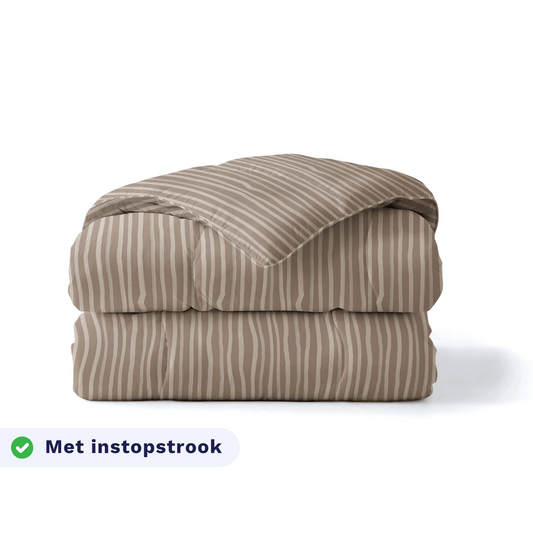 Zelesta Pure Design Cotton Duvet in Brown Stripes folded on a white background, with a badge highlighting the integrated tuck-in flap feature