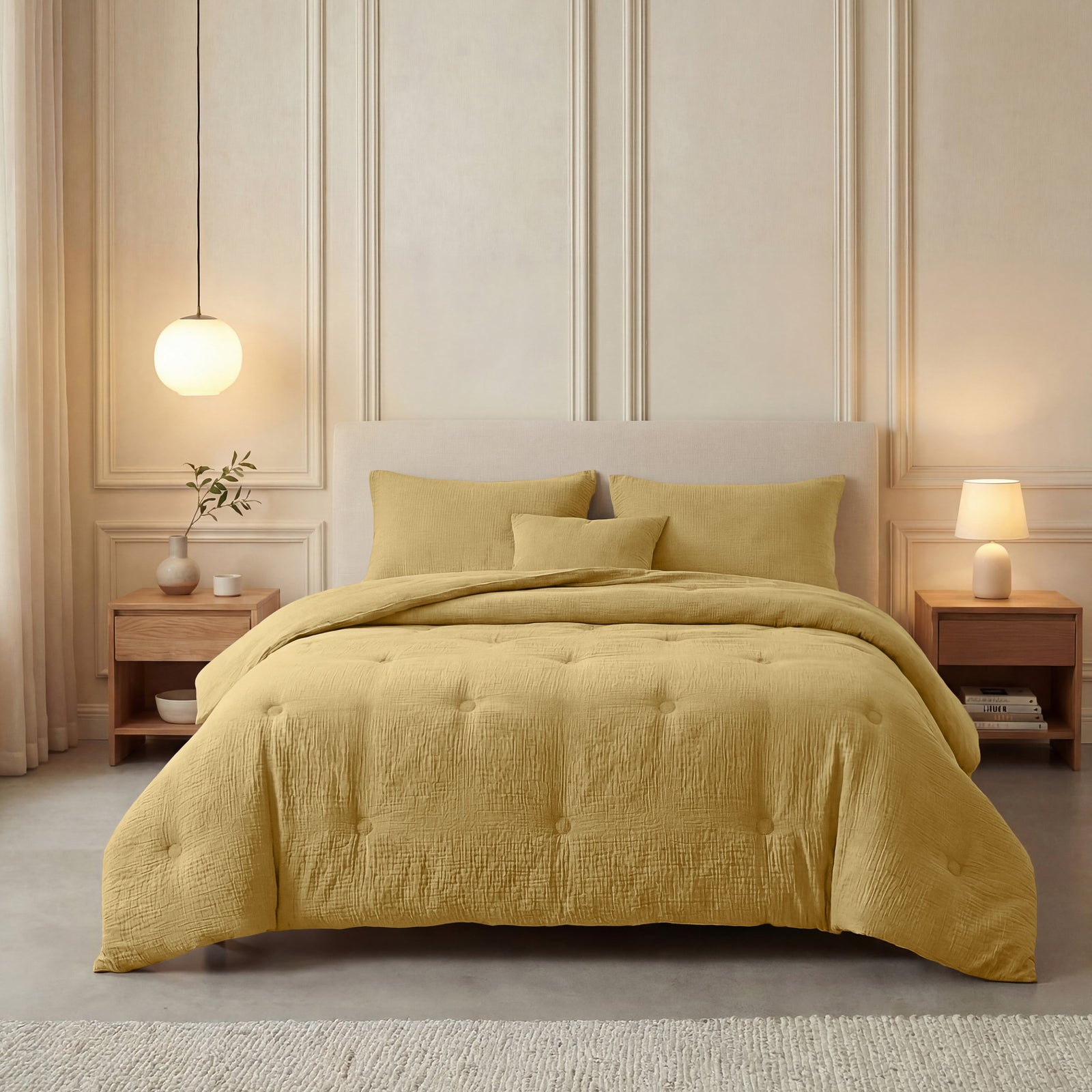 Zelesta Deluxe Cotton Muslin Duvet - Ochre, lifestyle bedroom view