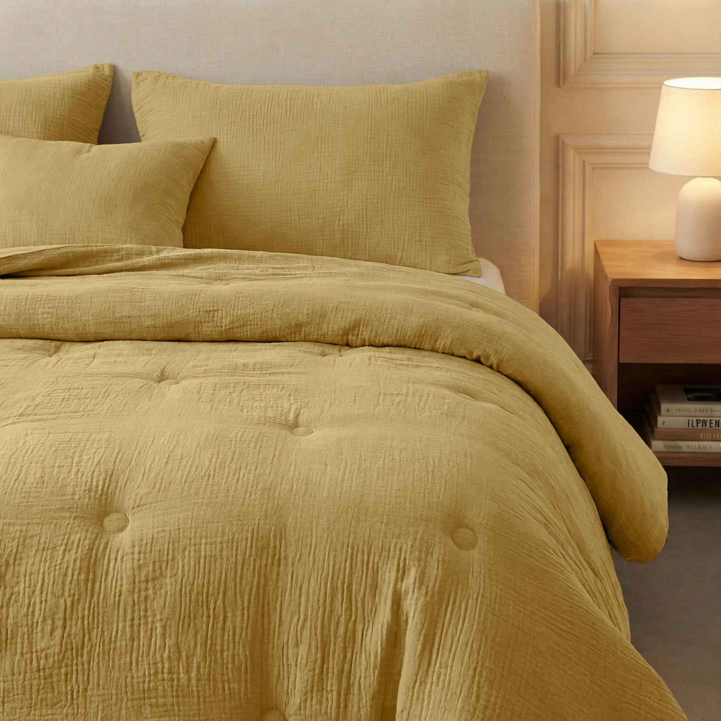 Zelesta Deluxe Cotton Muslin Duvet - Ochre, overhead product view