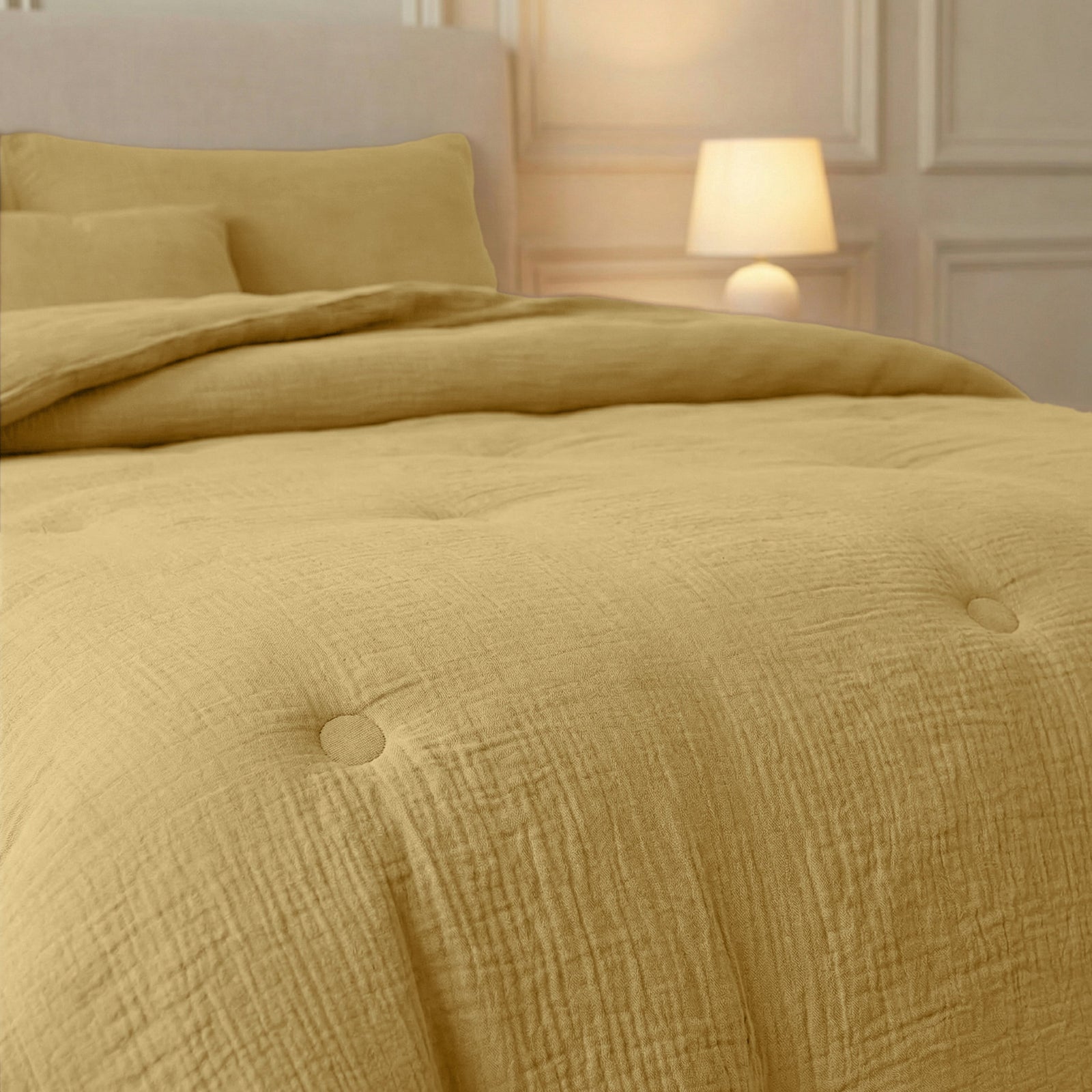 Zelesta Deluxe Cotton Muslin Duvet - Ochre, lifestyle shot
