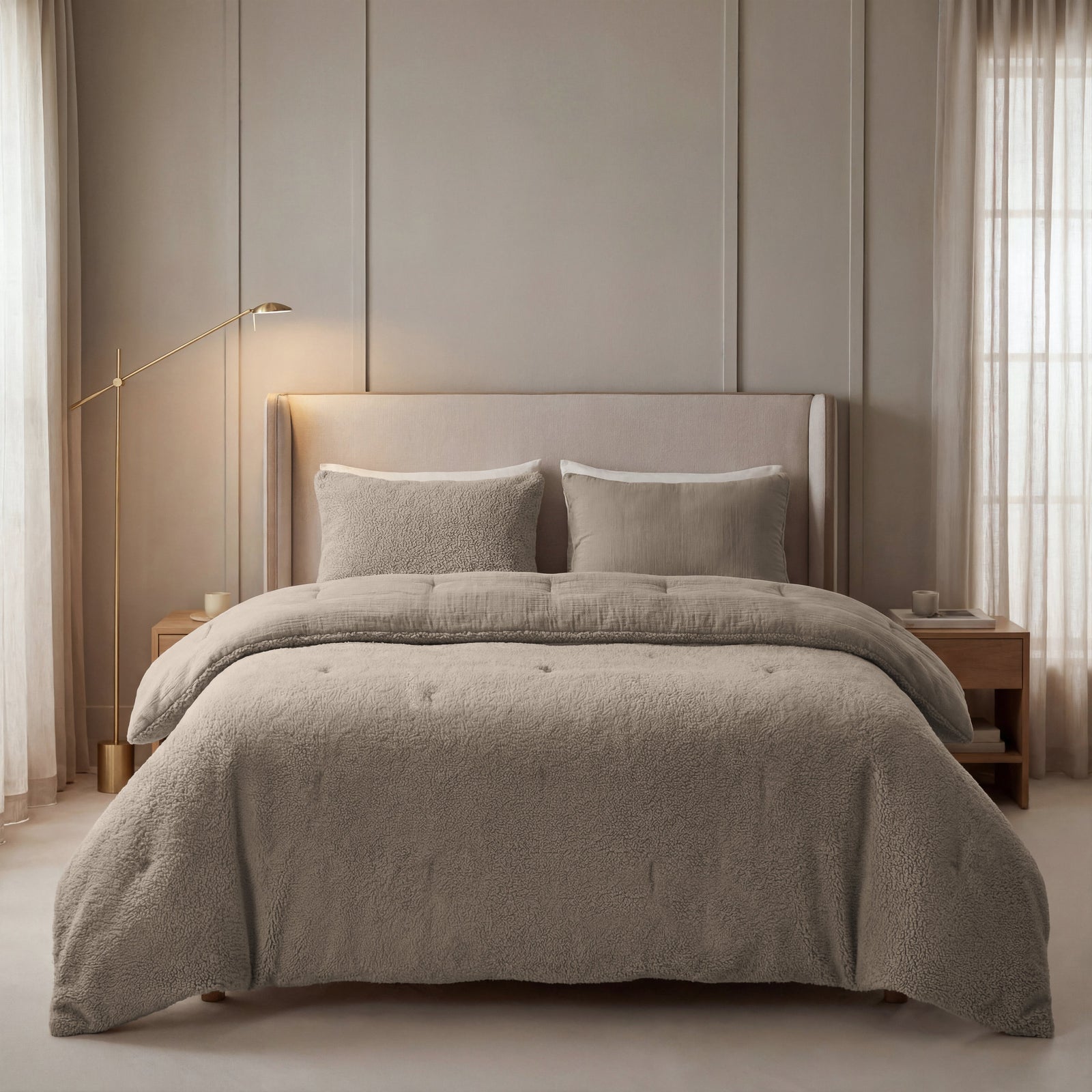 Zelesta Special Teddy Cotton Muslin Duvet - Taupe, overhead product view on a white background