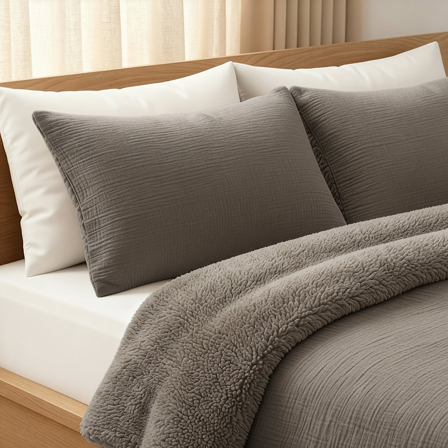 Zelesta Special Teddy Cotton Muslin Duvet - Taupe, folded on a white background