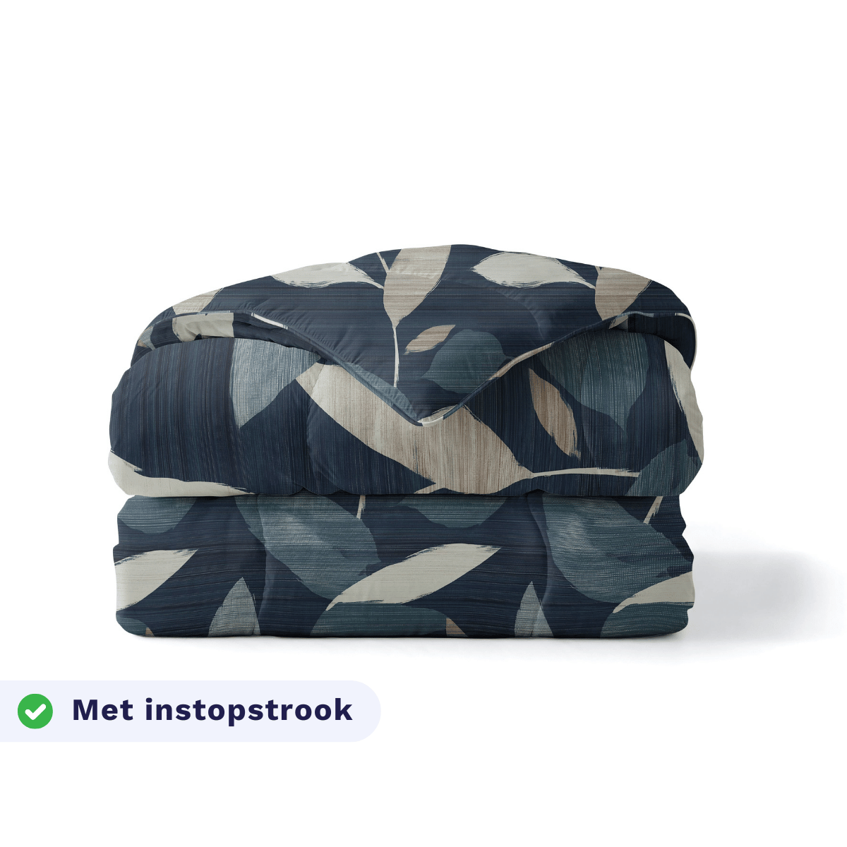 Zelesta Pure Design Cotton Duvet in Dark Leaves folded on a white background, with a badge highlighting the integrated tuck-in flap feature