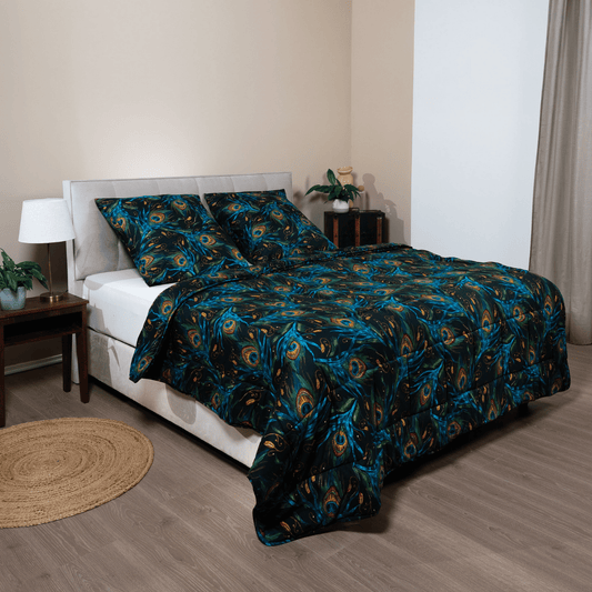 Zelesta Comfort Design Duvet - Peacock Feathers, product shot showing the vibrant peacock feather print in teal and gold