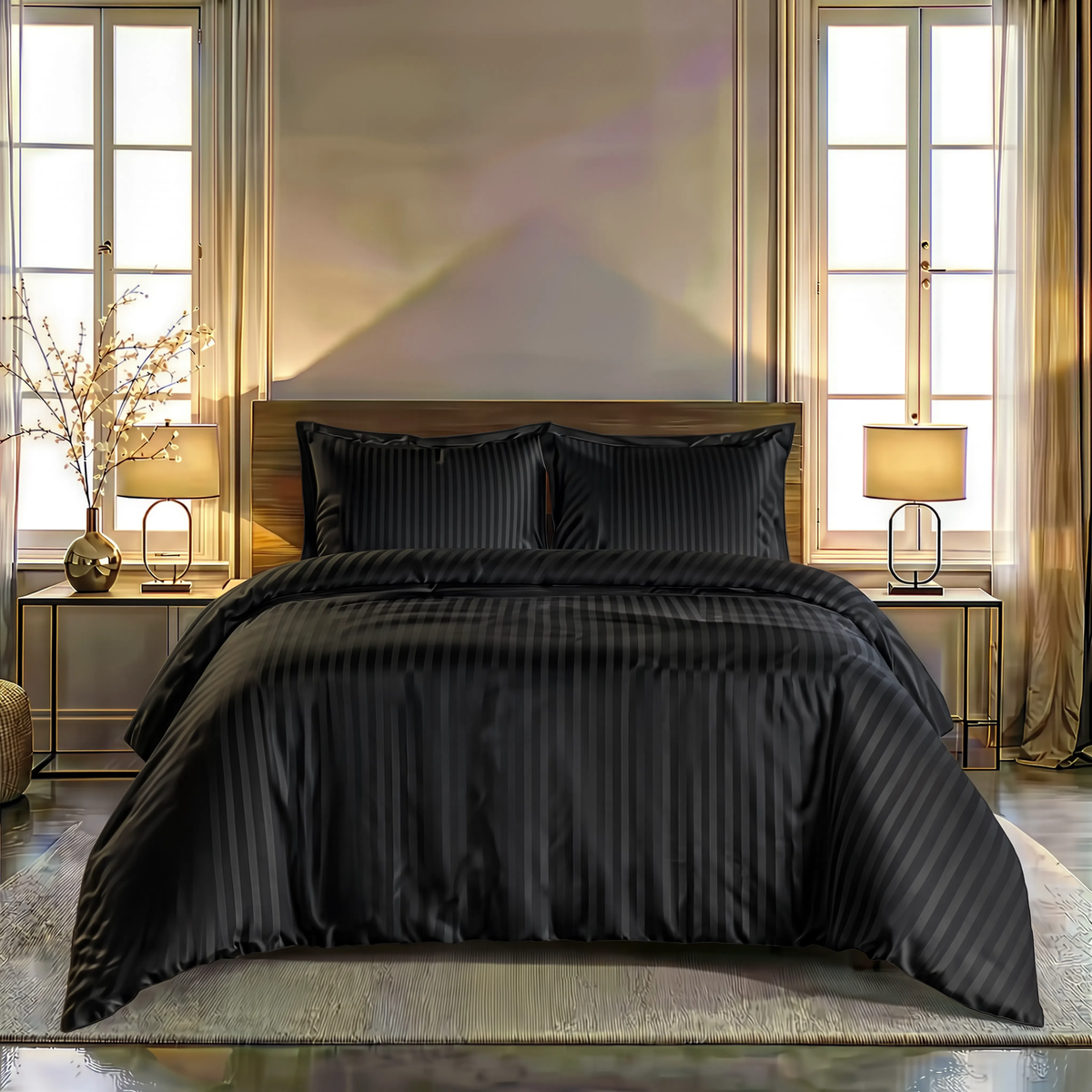 Zelesta Deluxe Hotel Stripe Satijn Katoen Dekbed - Zwart