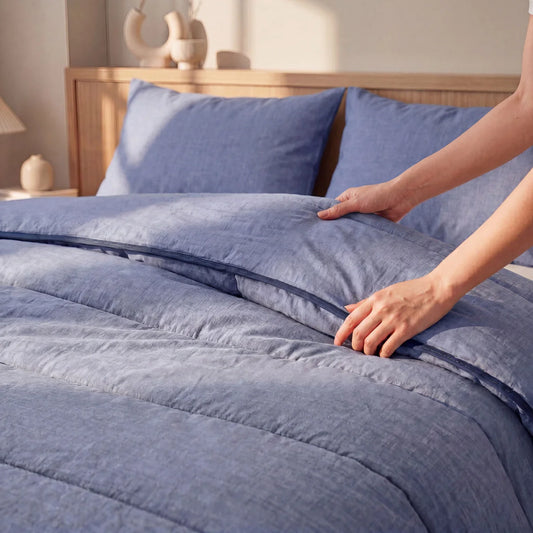 Zelesta Comfort Structure Summer Duvet in Denim on a neatly made bed