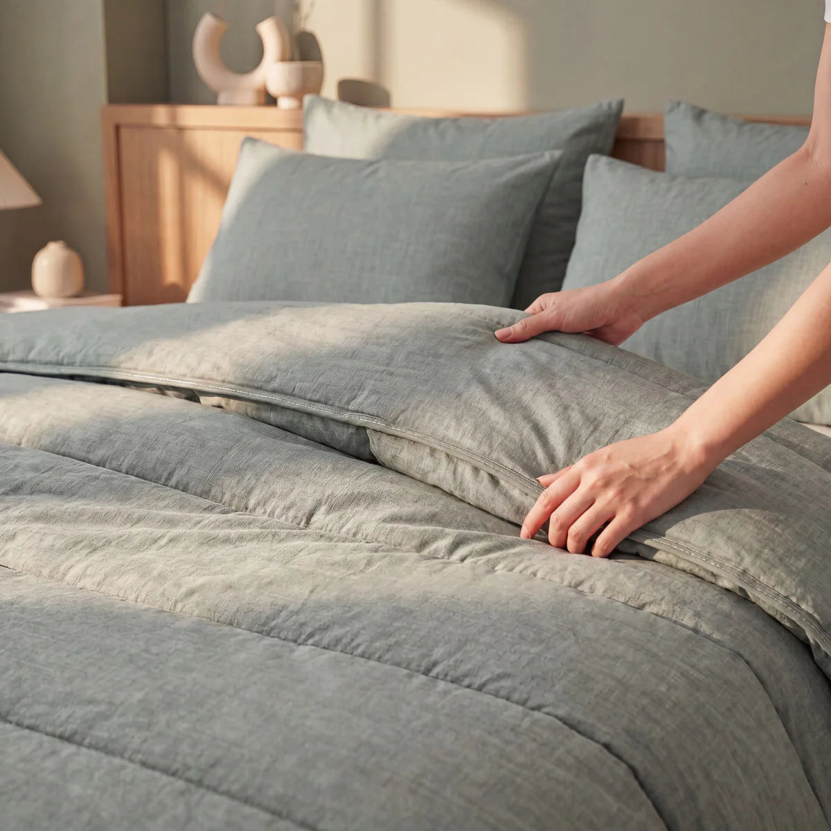 Zelesta Comfort Structure Summer Duvet in Green on a neatly made bed