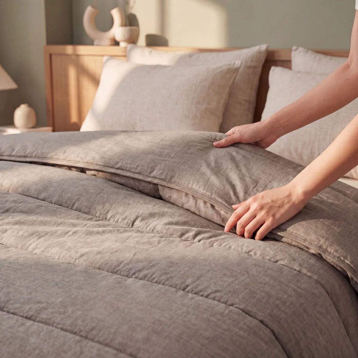 Zelesta Comfort Structure Summer Duvet in Anthracite on a neatly made bed