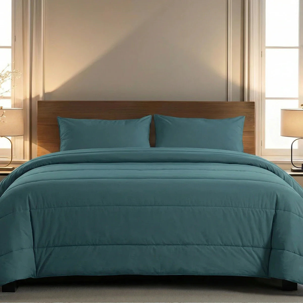 Zelesta Comfort Uni Duvet in Sea Green on a neatly made bed in a bright, modern bedroom