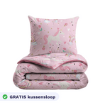 Zelesta Comfort Kids Duvet - Rainbow Unicorn, product shot showing the rainbow unicorn print in pink and purple tones