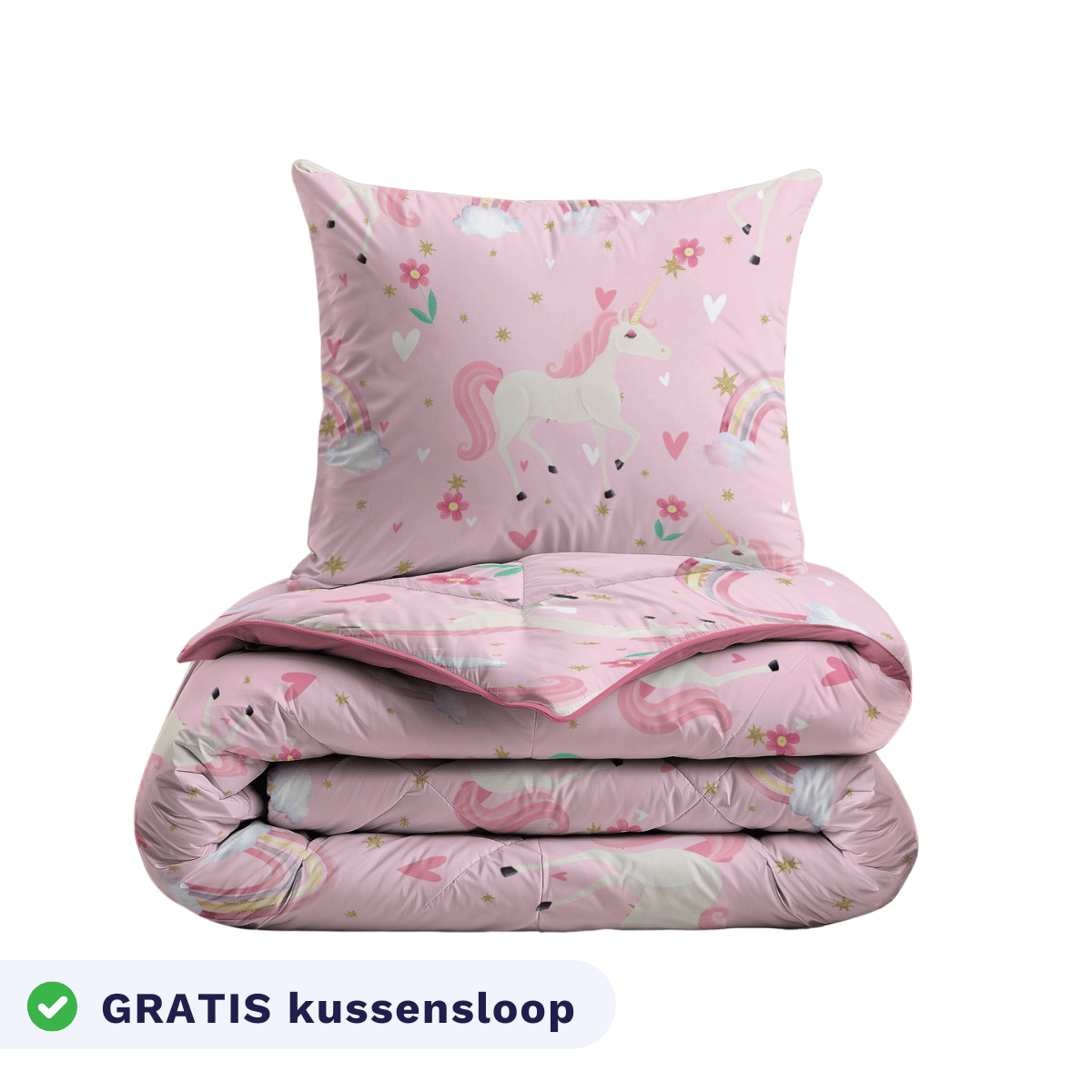 Zelesta Comfort Kids Duvet - Rainbow Unicorn, product shot showing the rainbow unicorn print in pink and purple tones