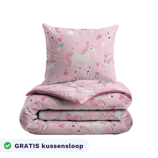 Zelesta Comfort Kids Duvet - Rainbow Unicorn, product shot showing the rainbow unicorn print in pink and purple tones