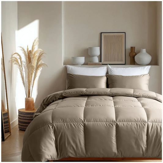 Lifestyle bedroom with the Zelesta Deluxe Uni Satin Cotton Summer Duvet - Walnut Brown and matching pillowcases on a bed