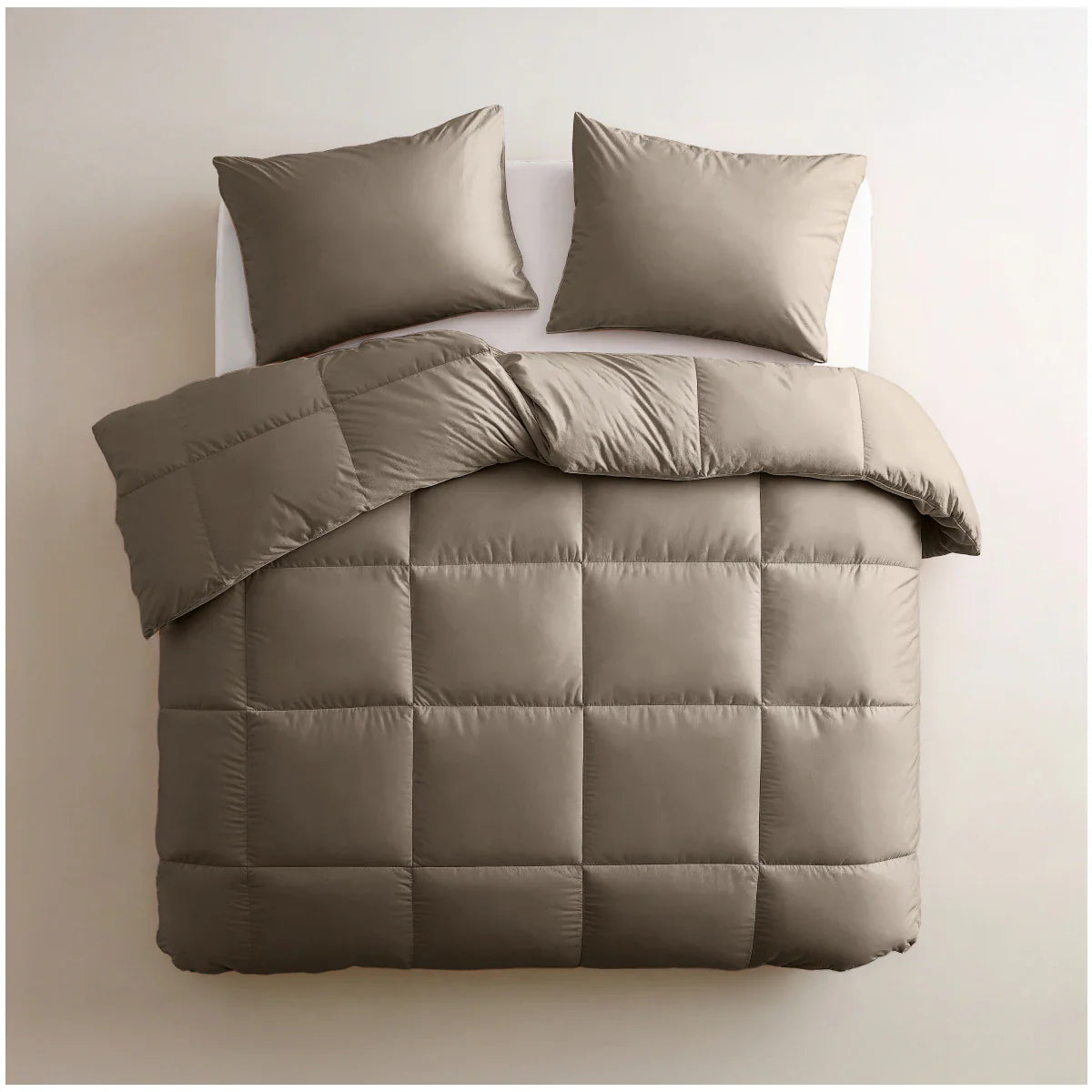 Angled lifestyle bedroom shot with the Zelesta Deluxe Uni Satin Cotton Summer Duvet - Walnut Brown