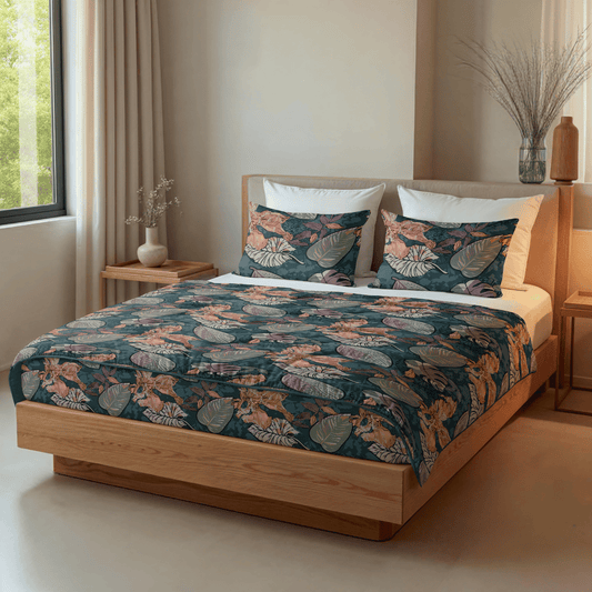 Close-up detail of the Zelesta Comfort Design Duvet - Flower Power, showing the colourful flower power print in warm tones