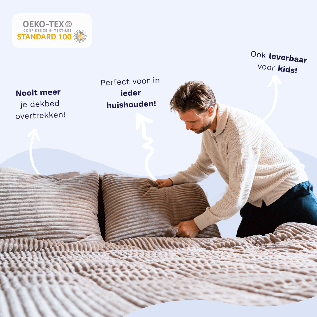 Infographic listing key benefits of the Zelesta Special Teddy Groove Duvet: integrated cover, machine washable, time-saving, and hypoallergenic