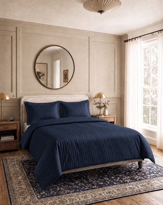 Zelesta Deluxe Hotel Stripe Sans Coutures Satin Cotton Couette - Bleu
