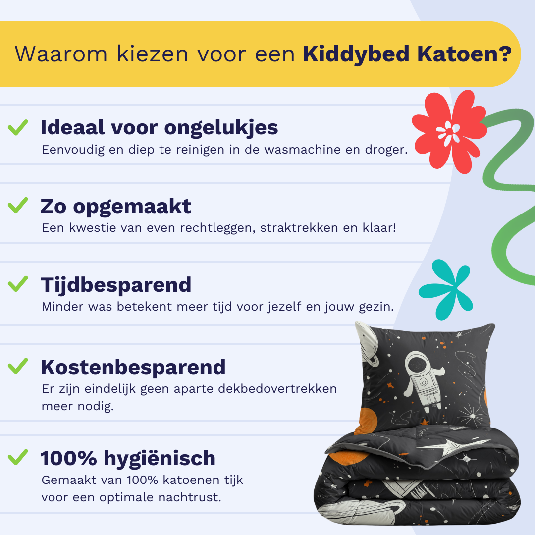 Infographic listing five benefits of the Zelesta Pure Kids Space Man Cotton Duvet: machine washable, easy to make up, time-saving, cost-effective, and 100% hygienic