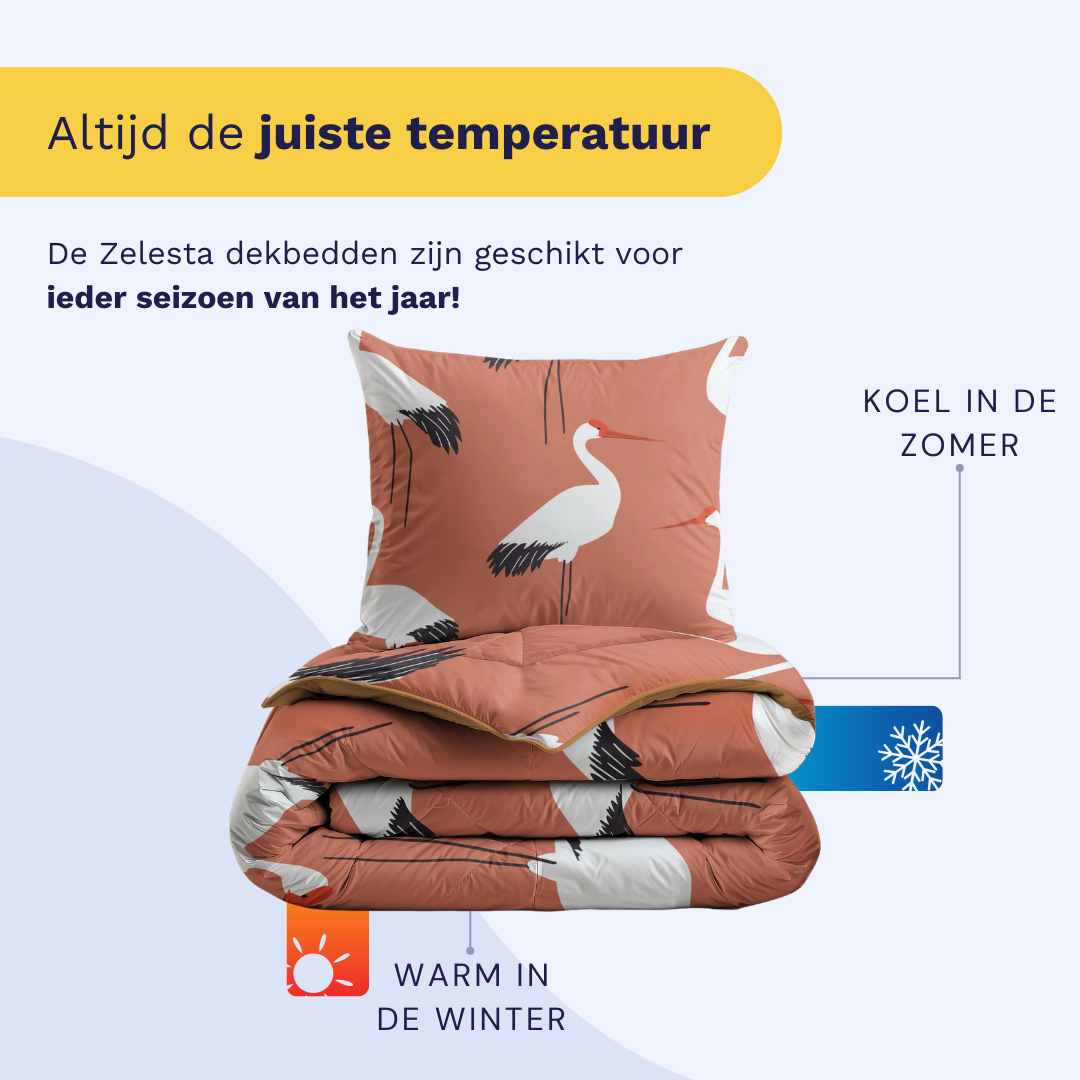 Infographic showing the Zelesta Pure Kids Terra Crane Cotton Duvet keeps you warm in winter and cool in summer, suitable for every season