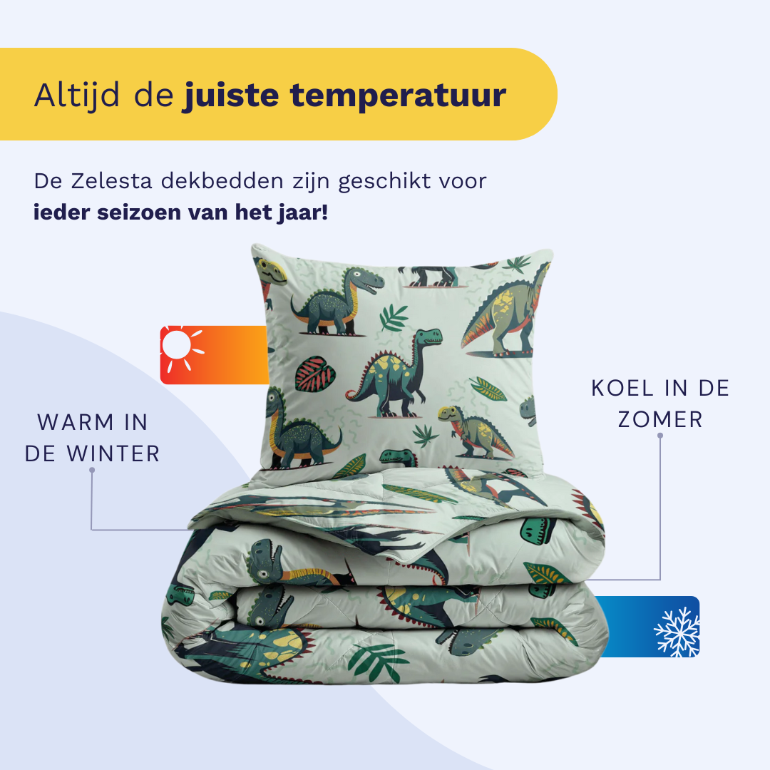 Zelesta Comfort Kids Duvet - Dino, lifestyle photo showing the duvet on a neatly made children's bed
