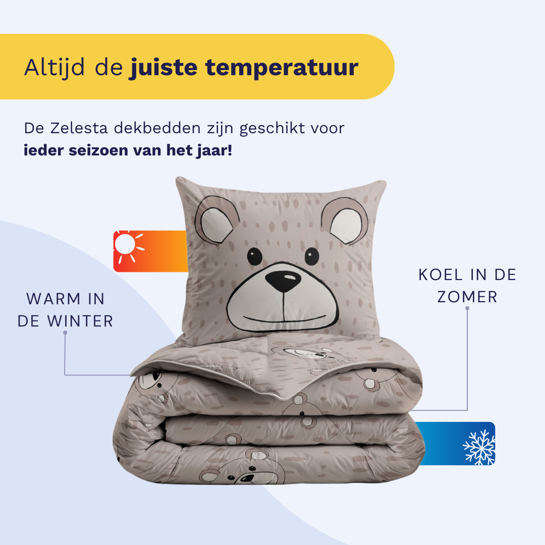 Zelesta Comfort Kids Duvet - Happy Bear, lifestyle photo showing the duvet on a neatly made children's bed