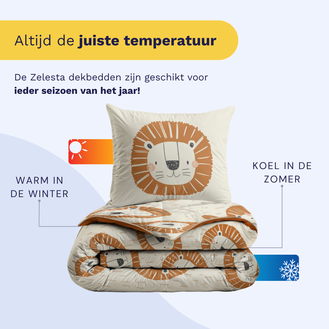 Zelesta Comfort Kids Duvet - Lucky Lion, lifestyle photo showing the duvet on a neatly made children's bed