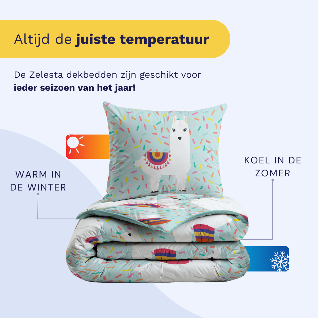 Zelesta Comfort Kids Duvet - Party Lama, lifestyle photo showing the duvet on a neatly made children's bed