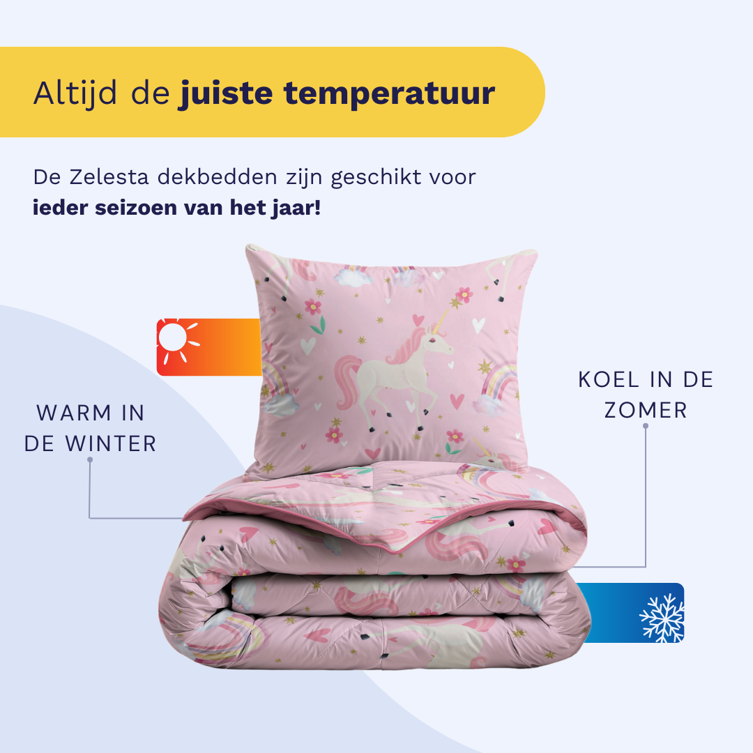 Zelesta Comfort Kids Duvet - Rainbow Unicorn, lifestyle photo showing the duvet on a neatly made children's bed